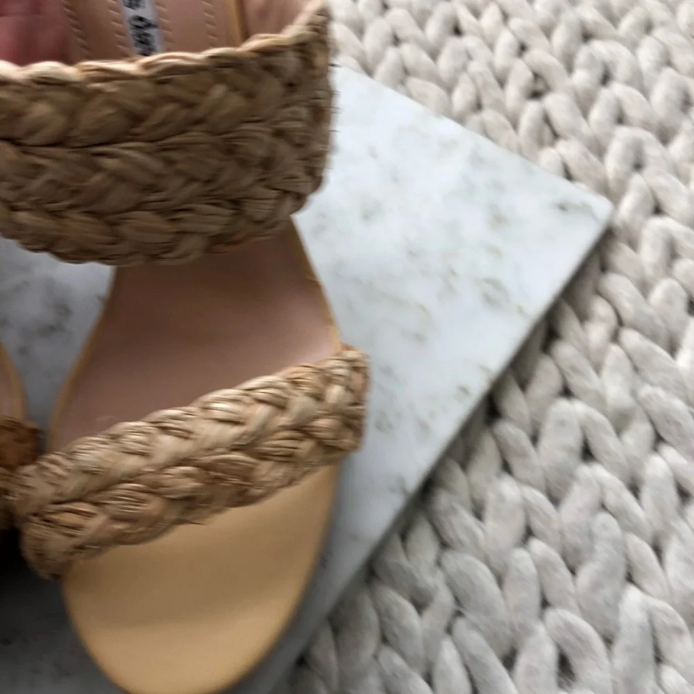 Woven Straw Double-Band Wedge Sandals - Beige